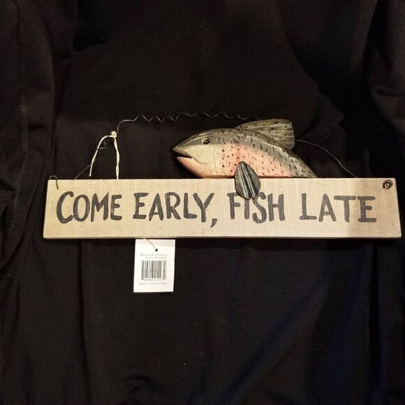 Come Early Fish Late Wooden Sign Wall Plaque Fisherman Fathers Day Man Cave - Picture 2 of 5